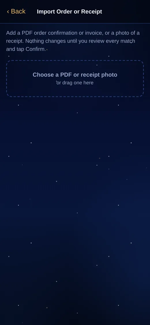 The receipt and order import screen
