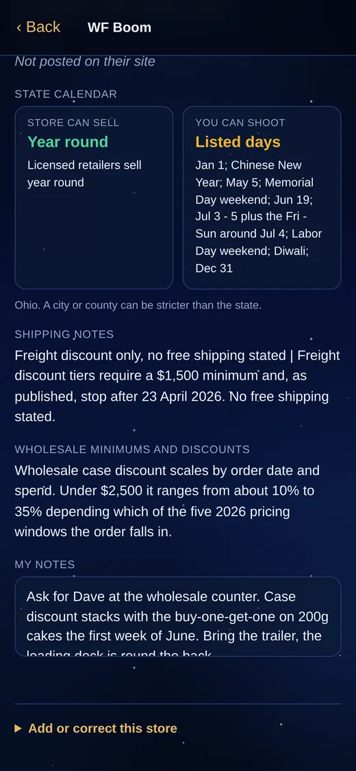 The state sale and discharge calendar on a store page