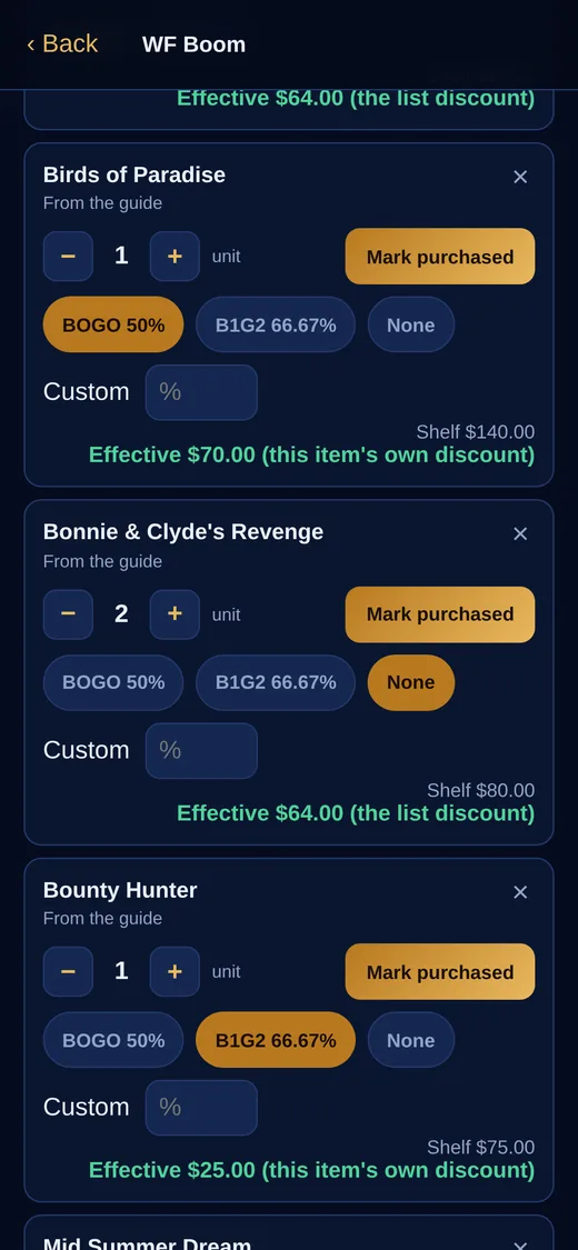 Discount presets and effective pricing on list items