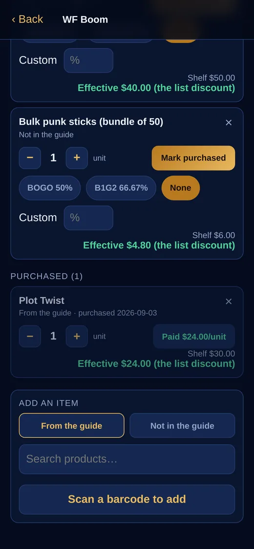 A purchased list item showing the price paid