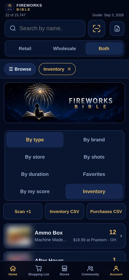 The inventory view with counts and prices paid