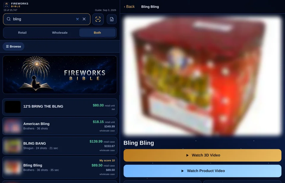 The app at desktop width, showing results and a product side by side