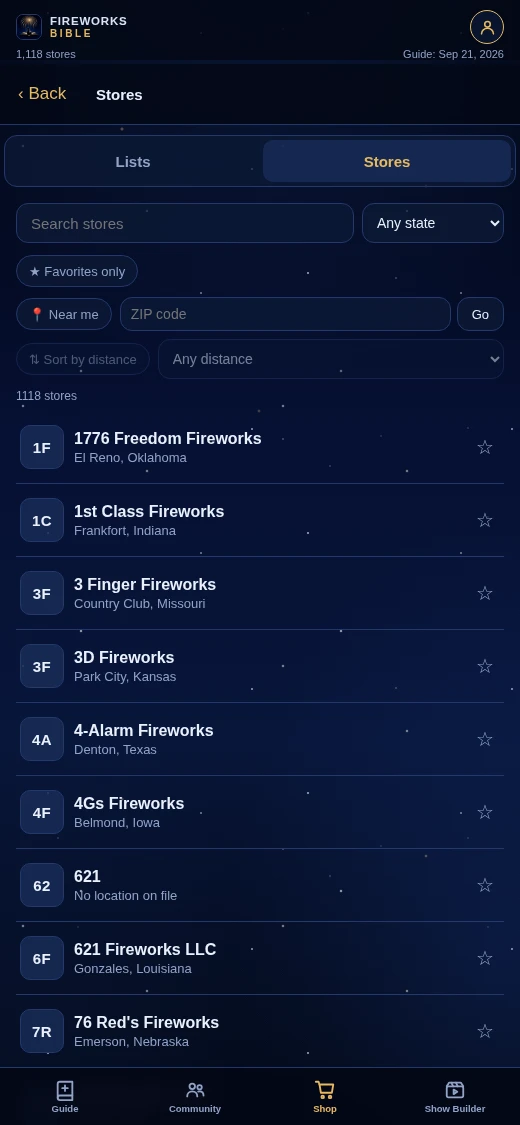 Fireworks stores in one list